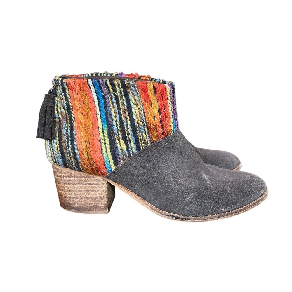 TOMS Leila Suede Ankle Boots Grey Multi Color Woven Tassel Zip Block Heel 8.5